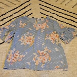 Floral Blue Blouse with Ruffle Sleeves